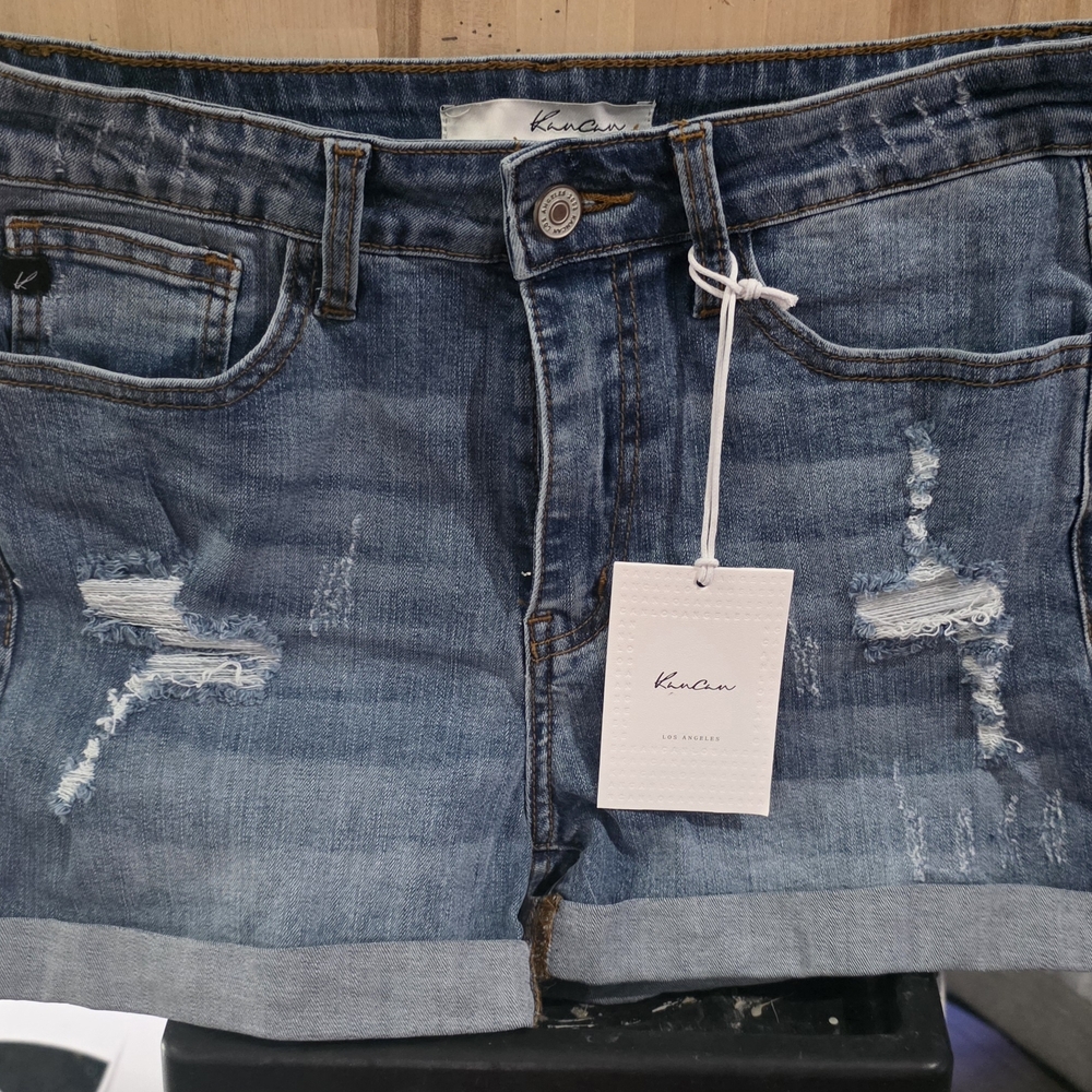 0KanCan Light Blue Distressed High-Rise Rolled Hem Denim Shorts